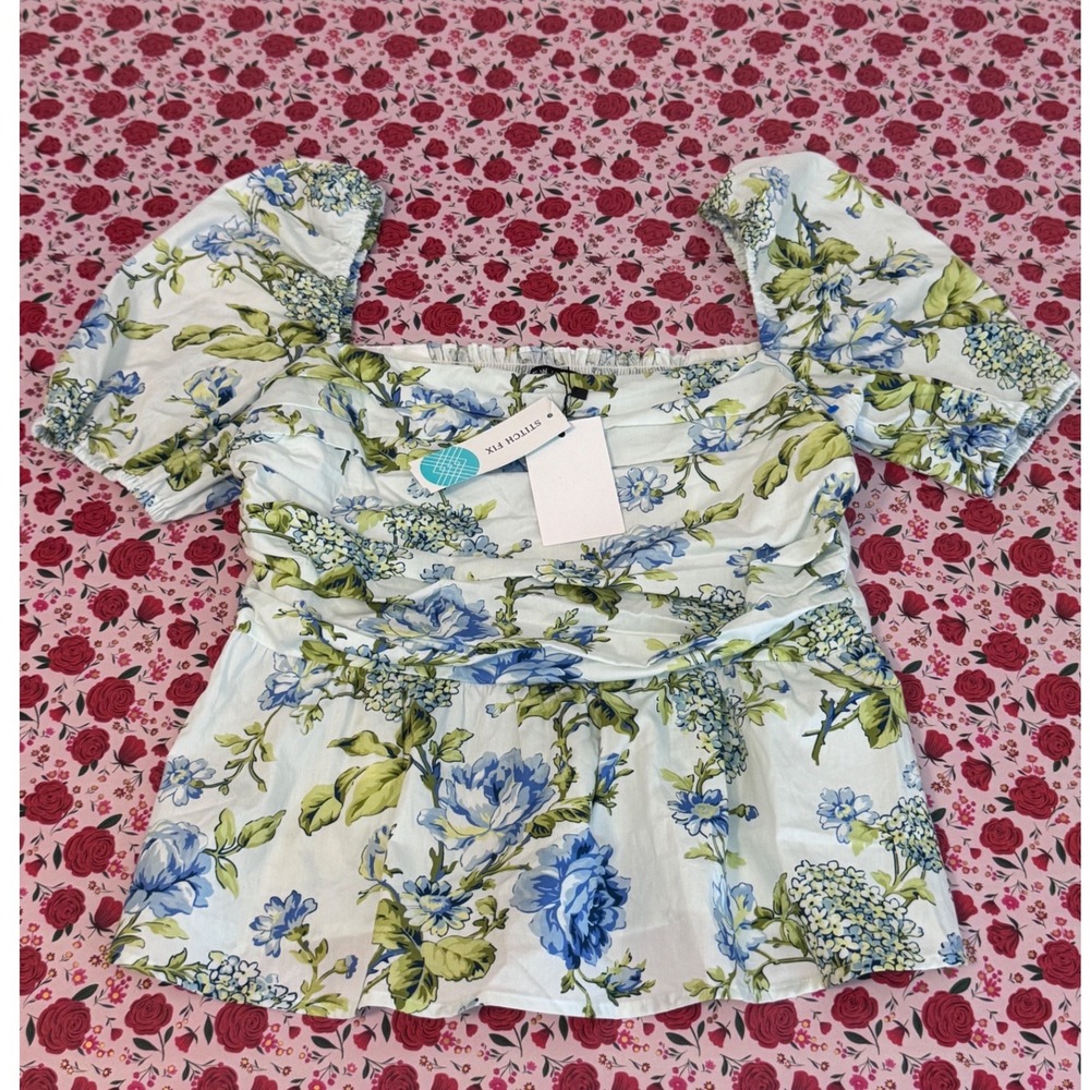 NWT Few Moda River Peplum Top White Blue Floral Cotton Smocked Puff Sleeve M F3